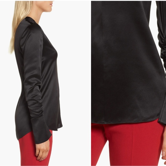 EXC Lewit Black Satin V-Neck Ruched Long Sleeve V-Neck Silk Blouse Medium - Picture 4 of 13